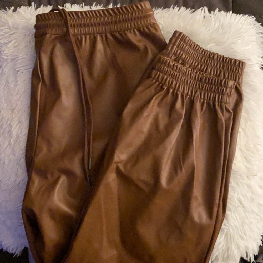 Brown drawstring leather joggers